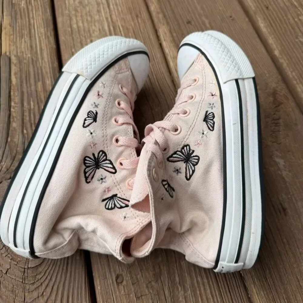 Converse All Star Youth Size 3 Pink Butterfly Embroidered High Top Sneakers